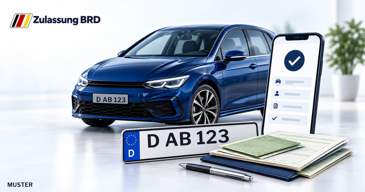 Online Fahrzeugzulassung in Düsseldorf: Musterkennzeichen D AB 123, Auto und Fahrzeugpapiere und Smartphone. Illustration mit Logo von Zulassung BRD.
